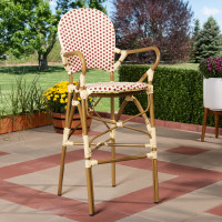 Baxton Studio WA-4209-Beige/Red-BS Marguerite Classic French Indoor and Outdoor Beige and Red Bamboo Style Stackable Bistro Bar Stool